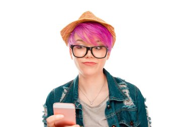 Expressive girl impressed with smartphone clipart