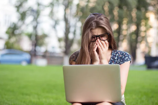 Tired Depressed Student Woman Sitting Her Laptop Campus Her Hands — Stock Photo, Image
