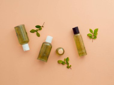 Taze yeşil yapraklar, doğal kozmetik ürünler, vücut jeli ya da çıplak ten rengi pastel bej arka planda izole edilmiş sıvı el yapımı sabun. Minimalist tasarım. Düz konum, üst görünüm, kopyalama alanı