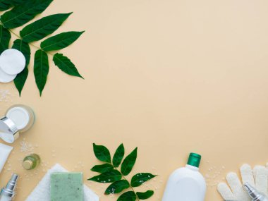 Taze yeşil yapraklar, doğal kozmetik ürünler, vücut jeli, sıvı el yapımı sabun ve pastel bej rengi çıplak ten arkaplanına izole edilmiş spa taşları. Düz konum, üst görünüm, kopyalama alanı