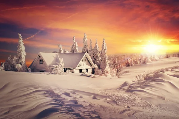 Зимовий Різдвяний Схід Сонця Растрова Мистецька Ілюстрація Зображення Заміського Будинку — стокове фото
