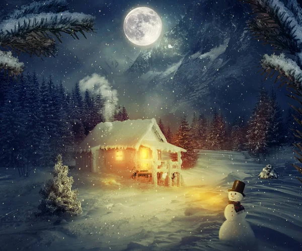 Winter Kersttafereel Illustratie Van Rasterkunst Afbeelding Van Een Landhuis Hut — Stockfoto