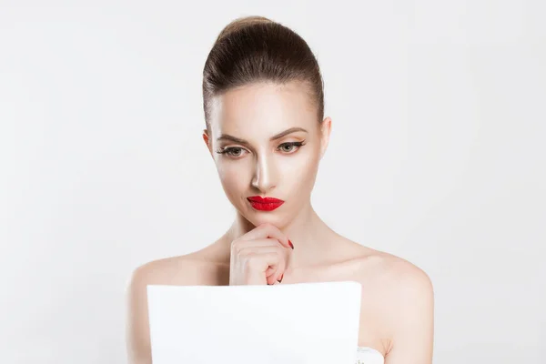 New contract concept. Beauty girl woman actress white shirt looking skeptical analyzing papers contract documents isolated white grey background wall. Full makeup Red lips false eyelashes clean skin — Stockfoto