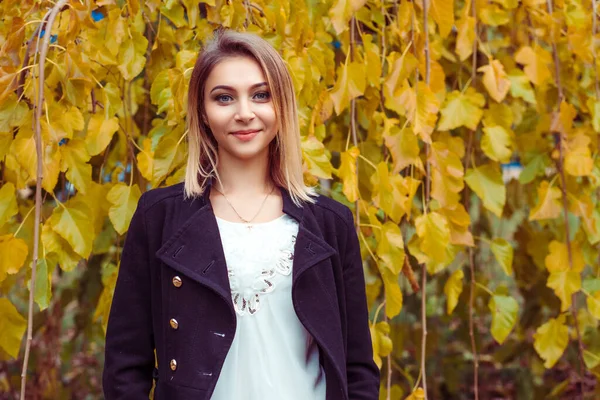 Mooi glimlachend meisje in stijlvolle mode kleding in de herfst park mooie vrouw buiten — Stockfoto