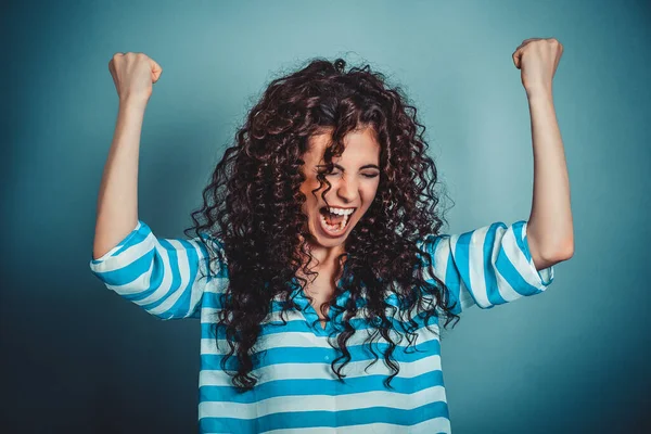 Vencedor Retrato Emocional Positivo Jovem Bem Sucedida Mulher Negócios Isolado — Fotografia de Stock