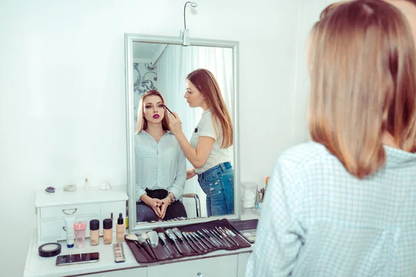 Skillful Makeup Artist Applying Eyeshadows Model Face Lot Make Brushes — Stock Photo, Image