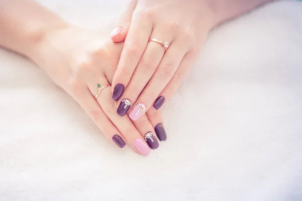 Beautiful Colored Beige Burgundy Red Pastel Colors Nail Polish Gem — Stock Photo, Image