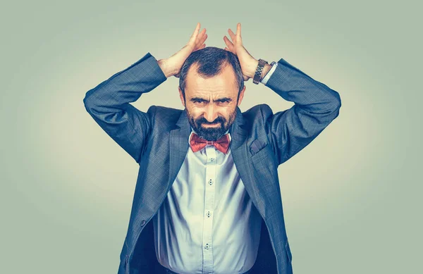 Empresário Mãos Dadas Cabeça Frustração Homem Estressado Chateado Frustrado Isolado — Fotografia de Stock