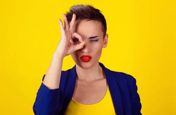 Girl Showing Sign Closes Her Eyes Portrait Beautiful Brunette Woman — Stock Photo, Image