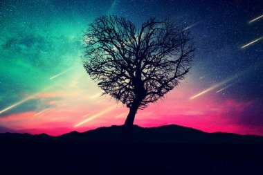 Yeşil pembe arkaplanda kalp şeklinde bir ağaç, sevgililer günü arkaplanı, sanatsal tasarım raster çizimi. Romantik sanatsal zemin