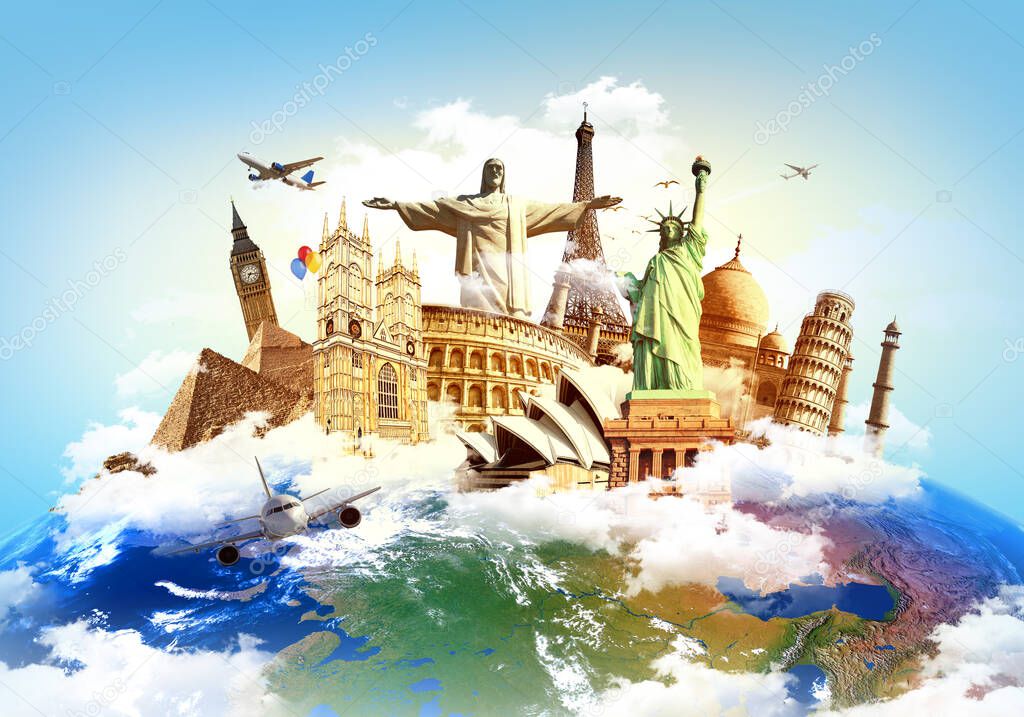 Travel the world concept, different monuments on a globe and blue sky, aircarft flying in the clouds around, artistic design raster illustration photo manipulation.