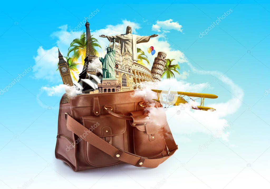 Travel the world concept, different monuments in a travel bag, blue sky and aircarft flying in the clouds around. Artistic design raster illustration photo manipulation