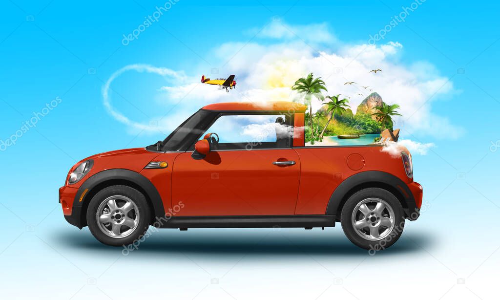 Red vintage car with an island and sea with palm trees with aircraft flying around through the clouds. Unusual summer travel 3d illustration. Summer vacation concept