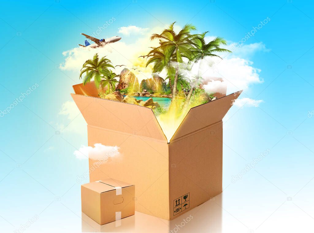 Open box with exotic island, aircraft flying around it in the clouds blue sly on top and white background on bottom. Magical nature concept. Artistic design illustration manipulation