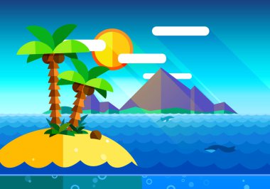 Tropik bir ada konseptine tatil seyahati. Deniz dağlarında bir kum adasında palmiye ağacı, arka planda güneş. Sihirli doğa konsepti. Düz stil. Sanatsal tasarım raster illüstrasyon manipülasyonu