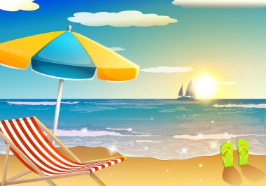 Tatil ve seyahat konsepti. Plaj şemsiyesi, plaj sandalyesi ve deniz sahilindeki kumların üzerinde terlikler. Sihirli doğa konsepti. Sanatsal tasarım raster resimleme manipülasyonu