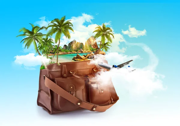 Open travel bag with tropical island beach with sea water and palm trees and aircraft flying around it in the clouds. Exotic travel concept artistic design raster illustration