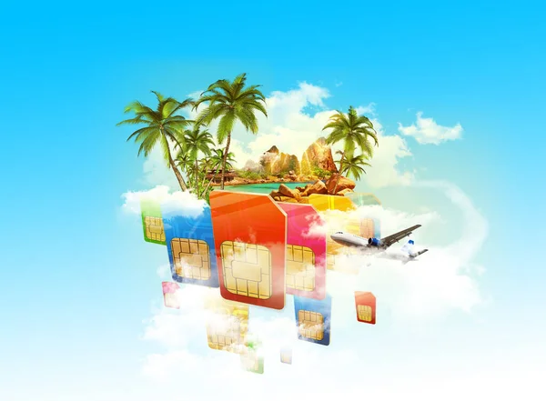 Telefon Karty Sim Egzotyczne Wyspy Samoloty Latające Wokół Niego Chmurach — Zdjęcie stockowe