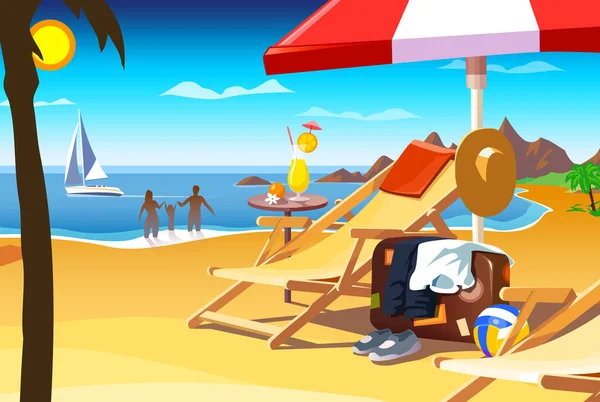 Tatil Seyahat Konsepti Plaj Şemsiyesi Plaj Sandalyesi Giysileri Kumsaldaki Kumlar — Stok fotoğraf
