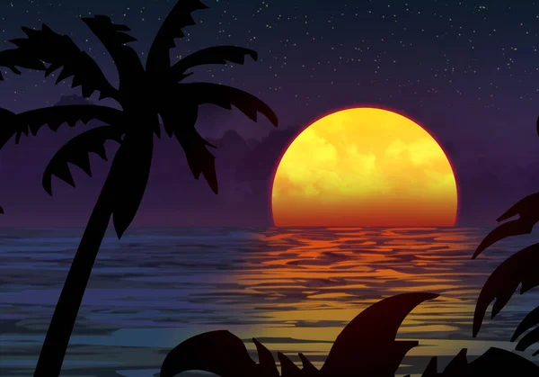 Silhouettes Tropical Summer Palm Trees Beach Background Sunset Sun Magical — Stock Photo, Image