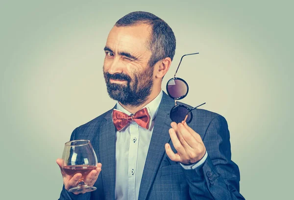 Bearded Man Winking Proposing Toast Glass Whiskey Sunglasses Mixed Race — Stock Photo, Image