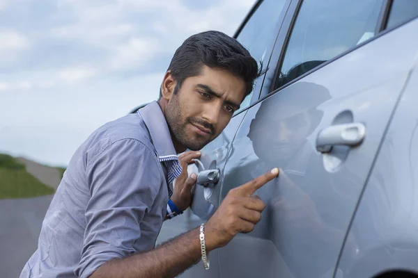 Young Worried Funny Looking Man Obsessing Cleanliness His New Car — Stock Photo, Image