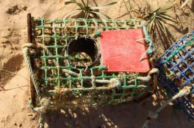 Close up on a hand made crab trap on the beach clipart