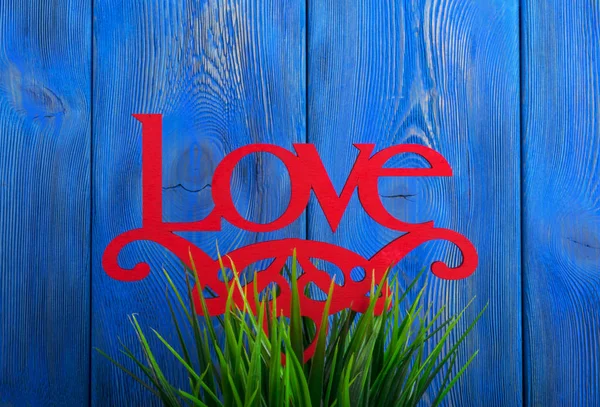 Ordet kärlek på gräs och blå trä textur bakgrund — Stockfoto