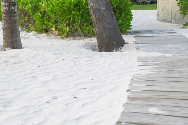 A wooden pathway on the tropical ocean beach with white sand — Stock Photo, Image