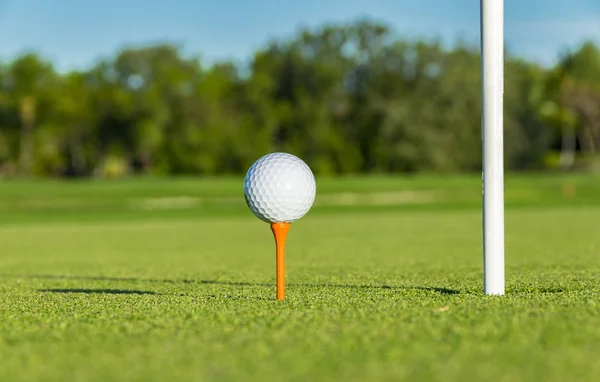 Bola de golfe no tee no campo de golfe sobre um verde turvo — Fotografia de Stock