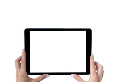 Kız elinde boş boş tablet bilgisayar. Beyaz izole. Boş boş beyaz ekran. Metin için boş yer
