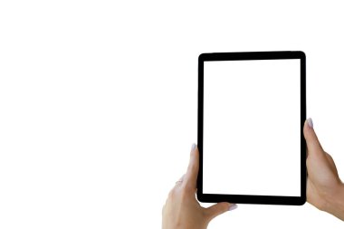 Kız elinde boş boş tablet bilgisayar. Beyaz izole. Boş boş beyaz ekran. Metin için boş yer