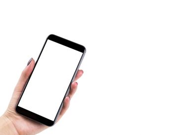 Güzel kadının el smartphone kullanarak. Smartphone beyaz ekran. Boş boş ekran. metin için boş yer. Beyaz arka plan üzerinde izole