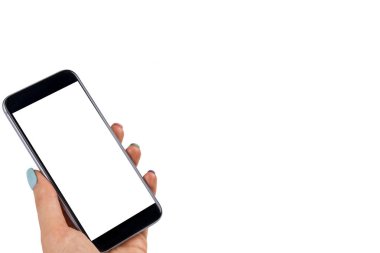 Güzel kadının el smartphone kullanarak. Smartphone beyaz ekran. Boş boş ekran. metin için boş yer. Beyaz arka plan üzerinde izole