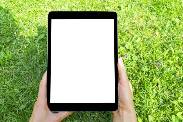 Vackra kvinnas hand använder tablett dator, smart telefon på grönt gräs. Tablett dator vit skärm. Tom Tom skärm, utrymme för text — Stockfoto