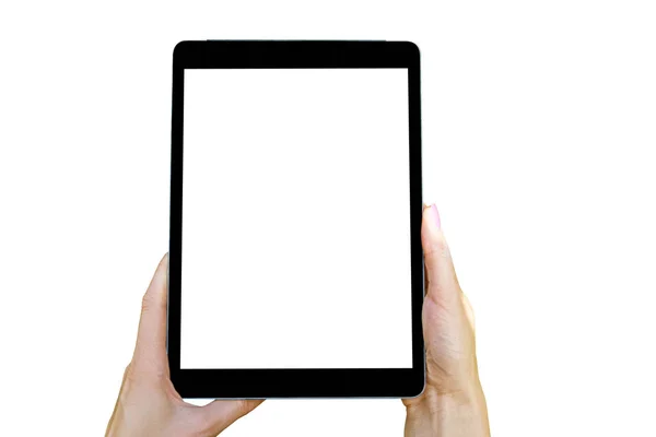 태블릿 컴퓨터를 사용 하 여 아름 다운 여자의 손에 녹색 잔디에 백색, 스마트 전화에 고립. 태블릿 컴퓨터 흰색 스크린입니다. 빈 화면, 텍스트를 위한 공간 — 스톡 사진