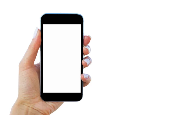 스마트폰 사용 하는 아름 다운 여자의 손. 흰색 스마트폰 화면입니다. 빈 빈 화면입니다. 텍스트에 대 한 빈 공간입니다. 흰색 배경에 고립 — 스톡 사진