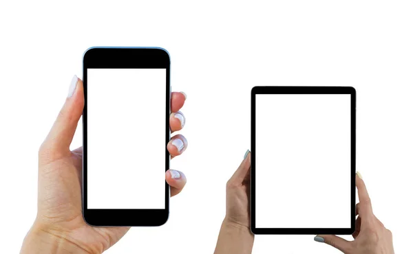 सुंदर महिला हाथों में स्मार्ट फोन का सेट, अलग सफेद स्क्रीन के साथ टैबलेट कंप्यूटर। कॉपी स्पेस के साथ व्यापार कार्यस्थल। पाठ के लिए रिक्त स्थान. नकली के लिए अलग स्क्रीन। बाएं और दाएं हाथ — स्टॉक फ़ोटो, इमेज