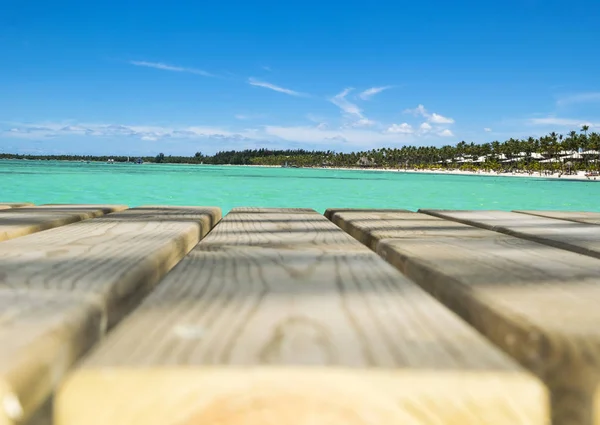 Wooden board empty table in front of blue sea & sky background. Perspective wood floor over sea and sky  beach & summer concepts. — Stock Photo, Image