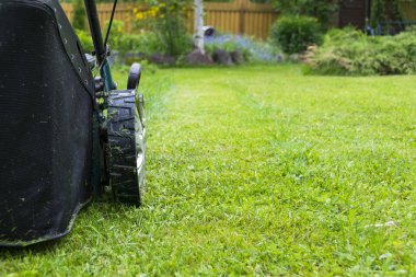 Çim biçme. Yeşil çimenlerin üzerinde çim biçme makinesi. biçme makinesi çim ekipman. Bahçıvan bakım iş takım yakın görünümü güneşli gün biçme