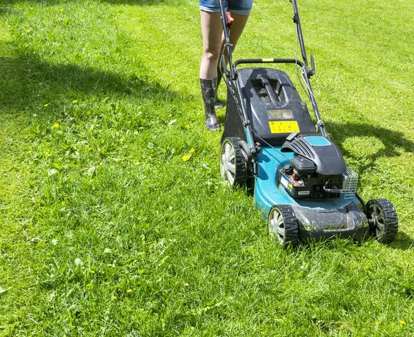 Krásná dívka začne sekat trávník. Sečení trávníků. Sekačka na trávu na zelené trávě. sekačka travní zařízení. sekání trávy blízko zahradník péče pracovní nástroj se pohled slunečný den — Stock fotografie