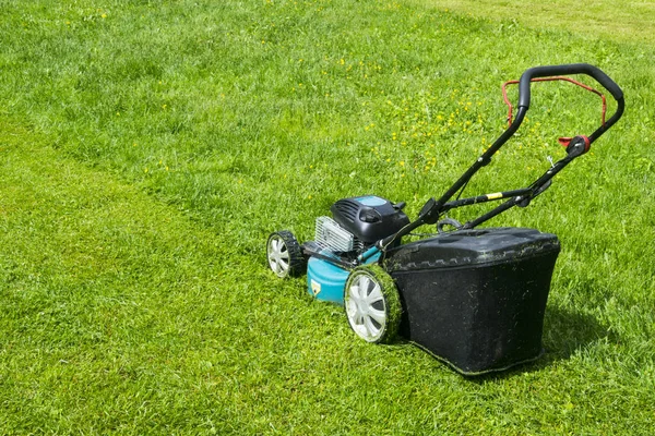 Faucher des pelouses. Tondeuse à gazon sur herbe verte. équipement d'herbe de tondeuse. tondre jardinier entretien outil de travail vue rapprochée journée ensoleillée — Photo