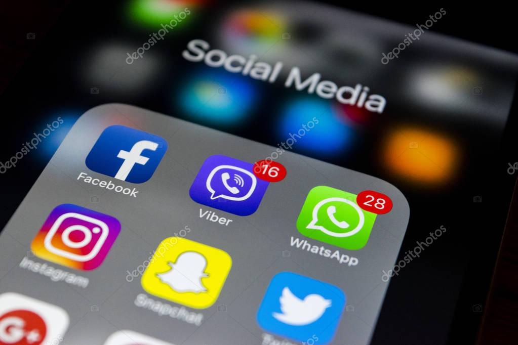 Sankt-Petersburg, Russia, October 2, 2017: iphone 7s plus with icons of social media on screen. Smartphone life style smartphone. Starting social media app.