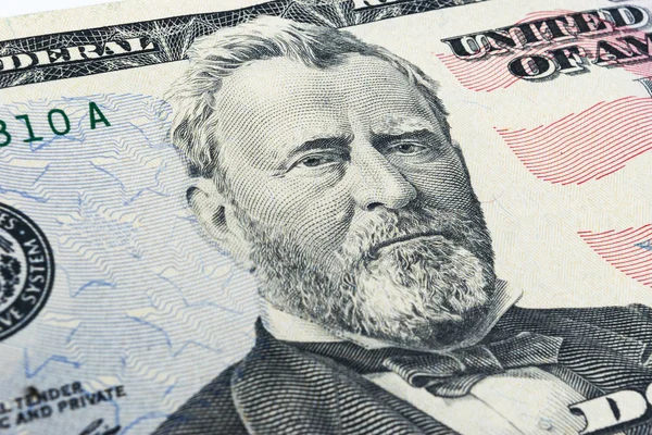 Ulysses s. gewähren Gesicht auf uns fünfzig oder 50-Dollar-Schein Makro, Vereinigten Staaten Geld Nahaufnahme. Haufen 50-Dollar-Scheine auf Geldhintergrund. — Stockfoto