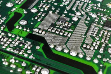 Rezistanslar, mikroçipler ve elektronik bileşenler ile circuitboard. Elektronik bilgisayar donanım teknolojisi. Tümleşik iletişim işlemci. Bilgi mühendislik bileşeni. Yarı iletken