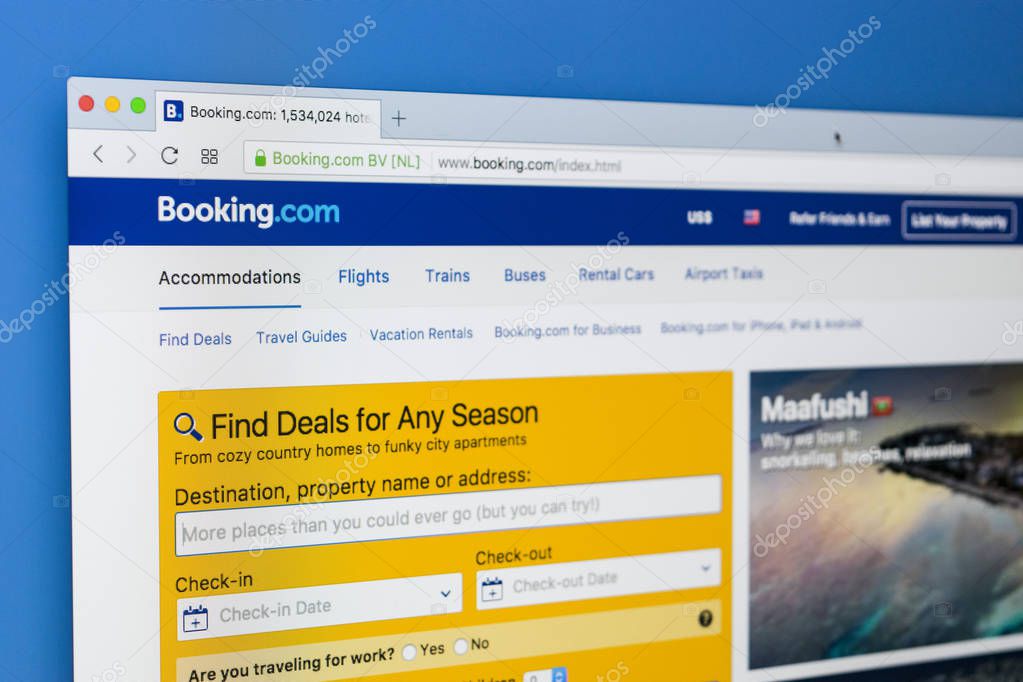 Sankt-Petersburg Russia December 7, 2017: Homepage of the official website for Booking.com. Biggest online website for booking hotel rooms online.
