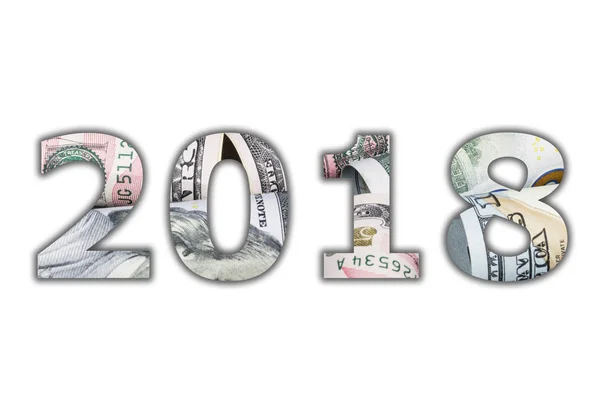 2018 cijfervormen cijfers wit panorama met Amerikaanse dollar biljet rolt in alle denominaties. New Year 2018 is komende concept. — Stockfoto