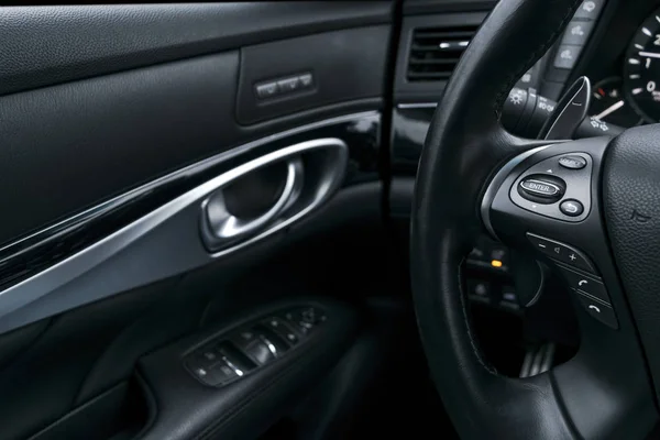 Media Control Buttons Steering Wheel Black Perforated Leather Interior Computer — Stock Photo, Image