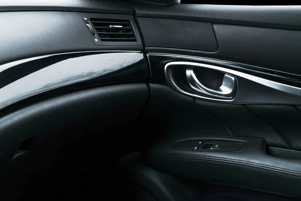 Car Black Perforated Leather Interior Details Door Handle Windows Controls — Stock Photo, Image