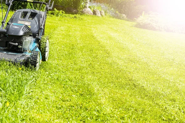 Klippa Gräsmattor Gräsklippare Grönt Gräs Gräsklipparen Gräs Utrustning Slåtter Trädgårdsmästare — Stockfoto